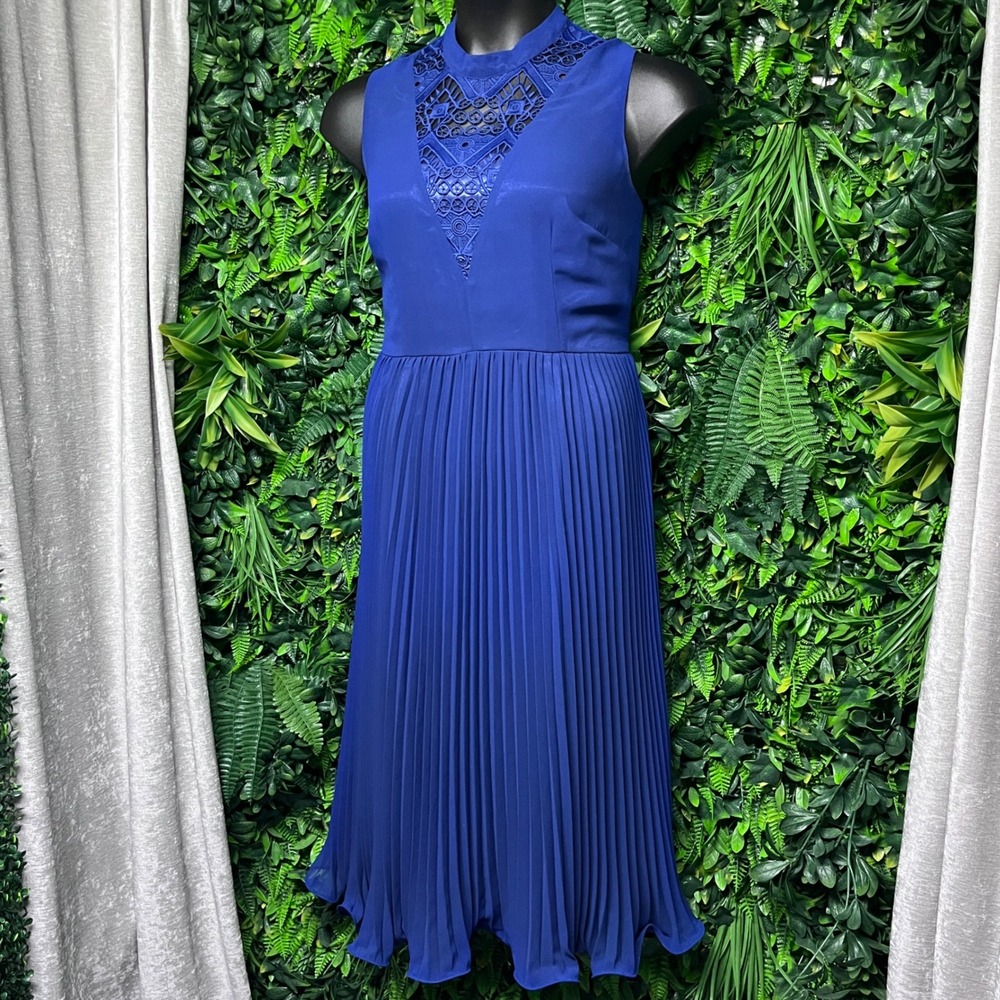 ASOS Dress Women's US 12 Royal Blue Lace‎ Neck Pleated Midi Cocktail 3470